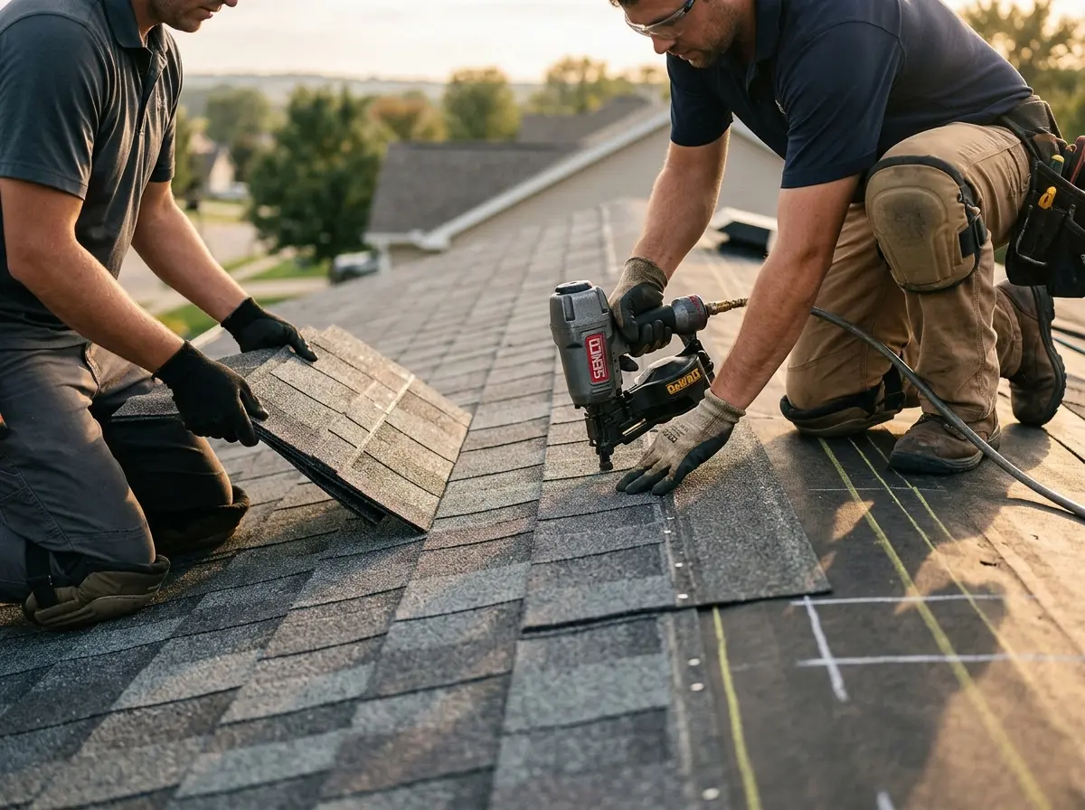 Professional roofer working on a residential roof in Mecca